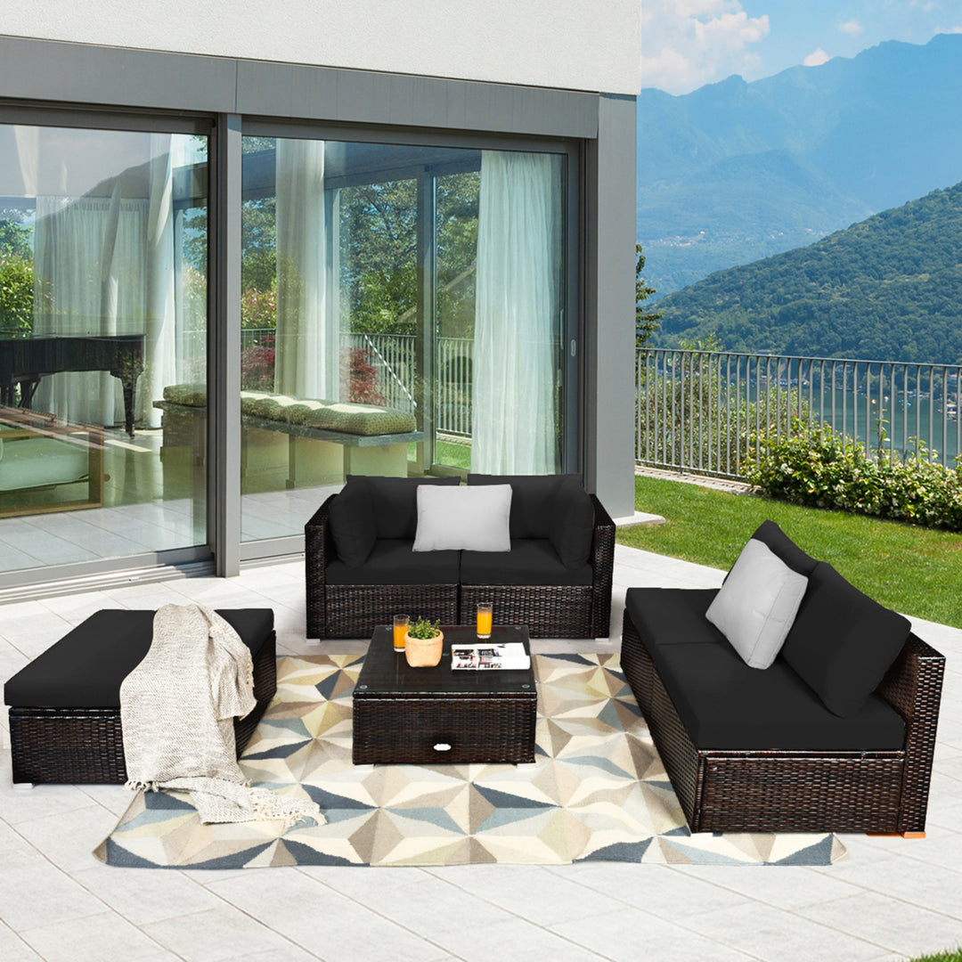 6PCS Rattan Patio Sectional Sofa Set Outdoor Furniture Set w/ Black Cushions Image 1