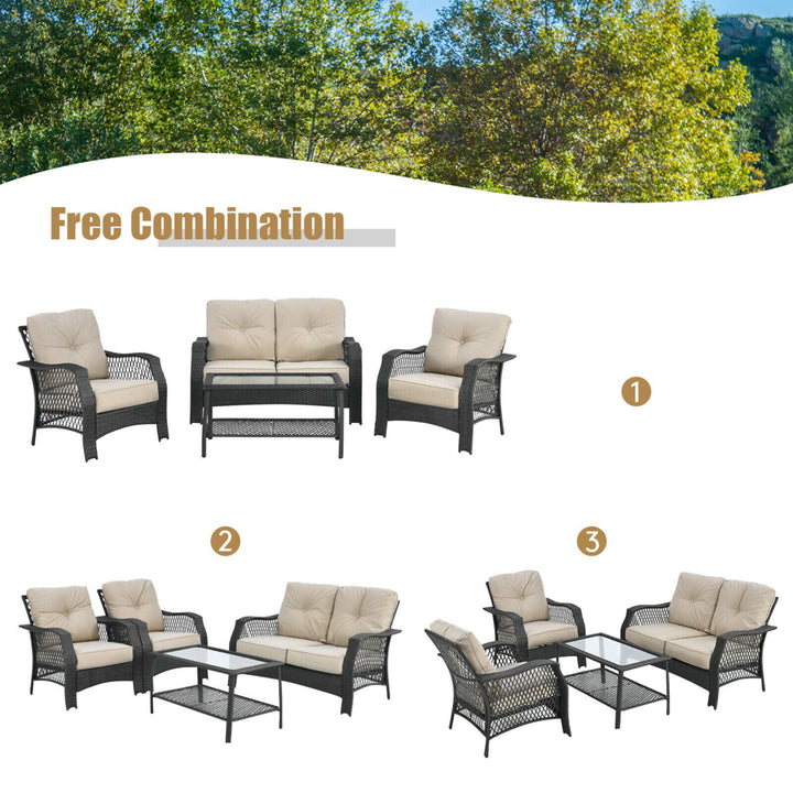 4PCS Cushioned Patio Conversation Set Outdoor Rattan Furniture Set Image 4