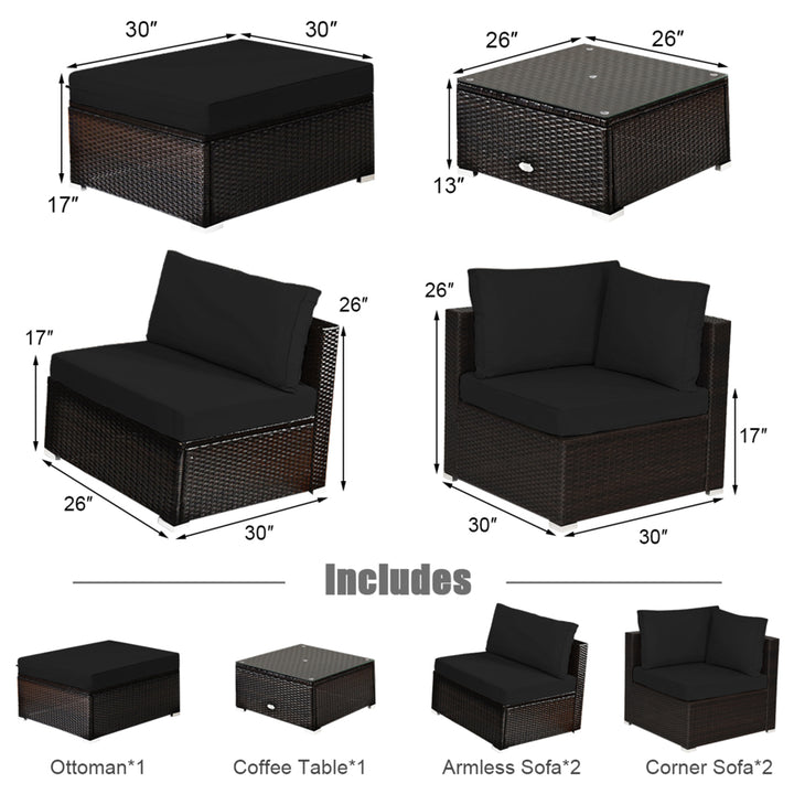 6PCS Rattan Patio Sectional Sofa Set Outdoor Furniture Set w/ Black Cushions Image 2