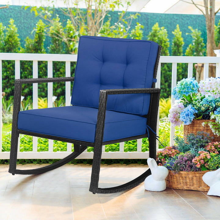 2PCS Outdoor Wicker Rocking Chair Patio Rattan Single Chair Glider w/ Navy Cushion Image 3