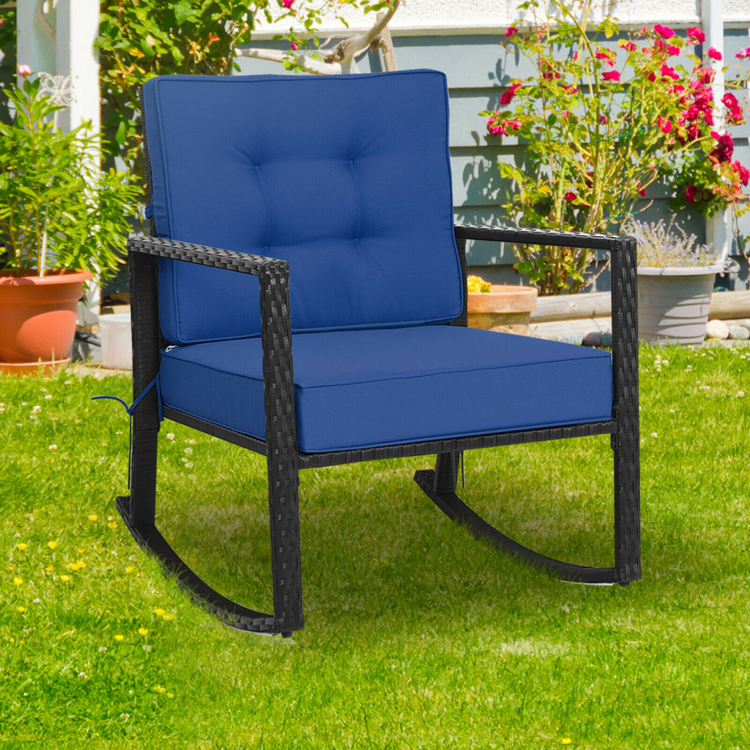 2PCS Outdoor Wicker Rocking Chair Patio Rattan Single Chair Glider w/ Navy Cushion Image 4