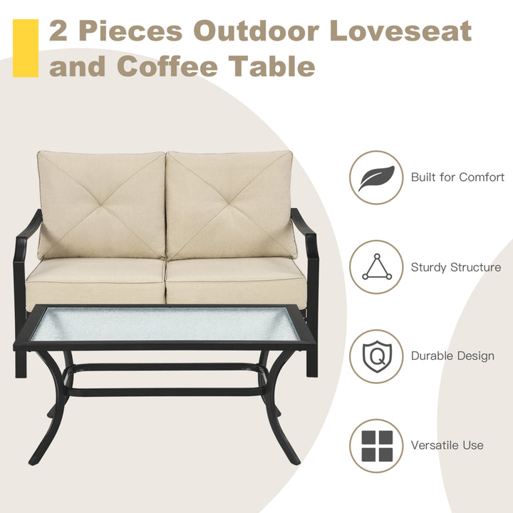 2PCS Outdoor Loveseat Set Cushioned Patio Bench Sofa w/ Coffee Table Image 6