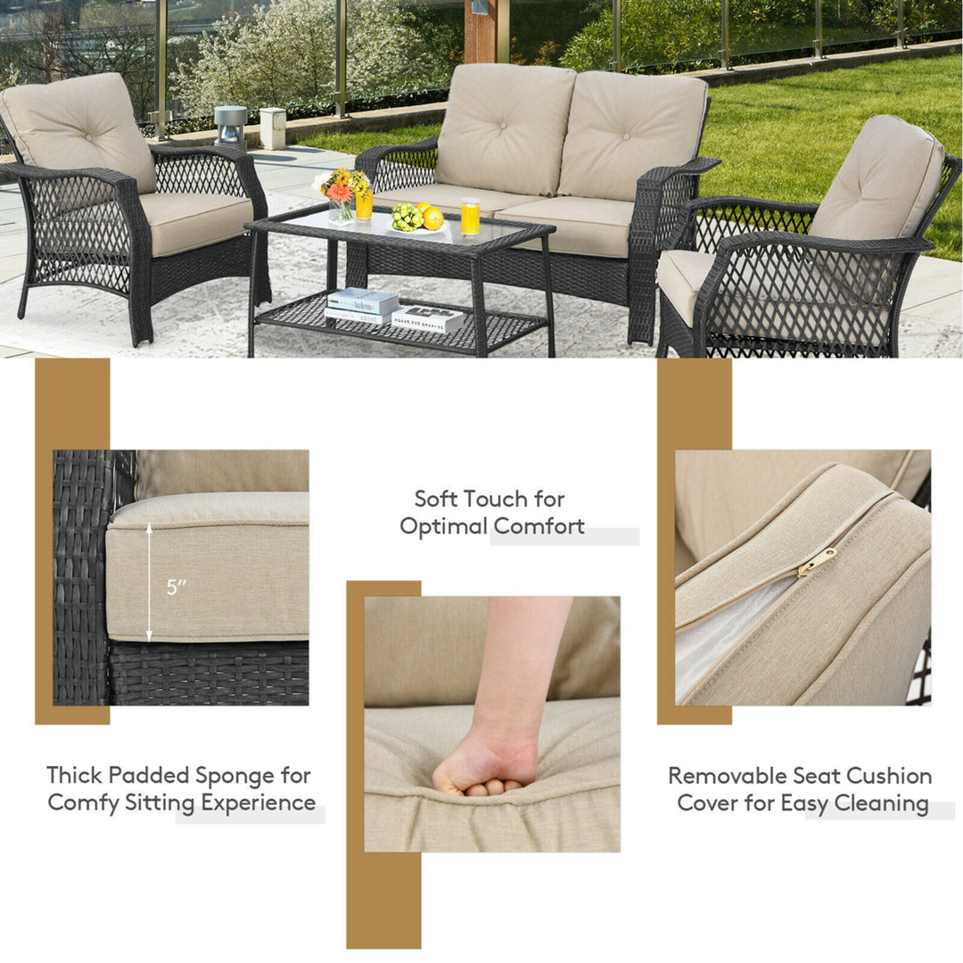 4PCS Cushioned Patio Conversation Set Outdoor Rattan Furniture Set Image 5