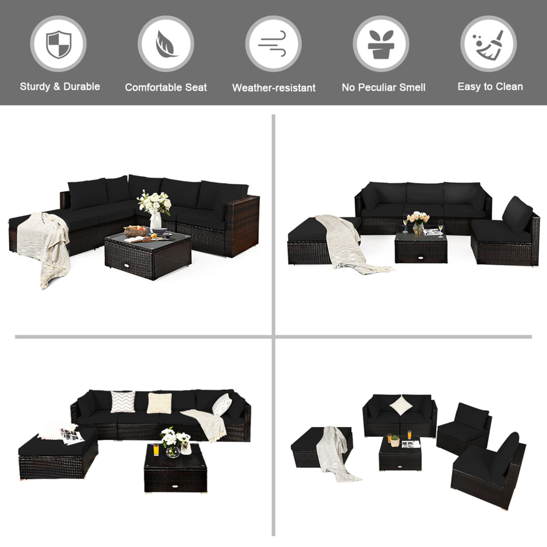 6PCS Rattan Patio Sectional Sofa Set Outdoor Furniture Set w/ Black Cushions Image 4