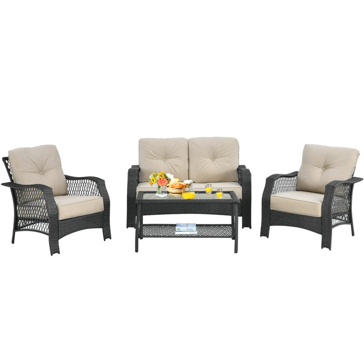 4PCS Cushioned Patio Conversation Set Outdoor Rattan Furniture Set Image 2