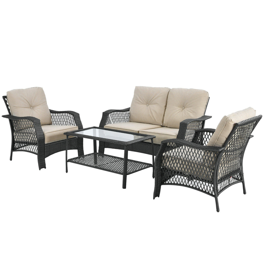 4PCS Cushioned Patio Conversation Set Outdoor Rattan Furniture Set Image 7