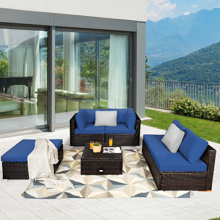 6PCS Rattan Patio Sectional Sofa Set Outdoor Furniture Set w/ Navy Cushions Image 1