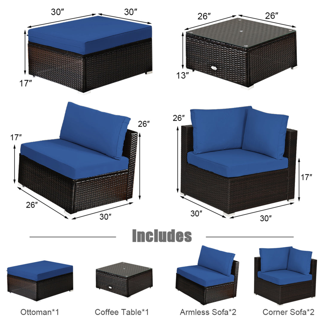 6PCS Rattan Patio Sectional Sofa Set Outdoor Furniture Set w/ Navy Cushions Image 3