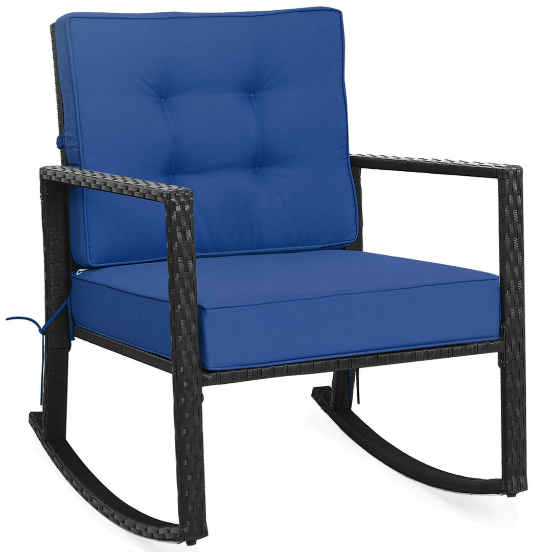 2PCS Outdoor Wicker Rocking Chair Patio Rattan Single Chair Glider w/ Navy Cushion Image 10