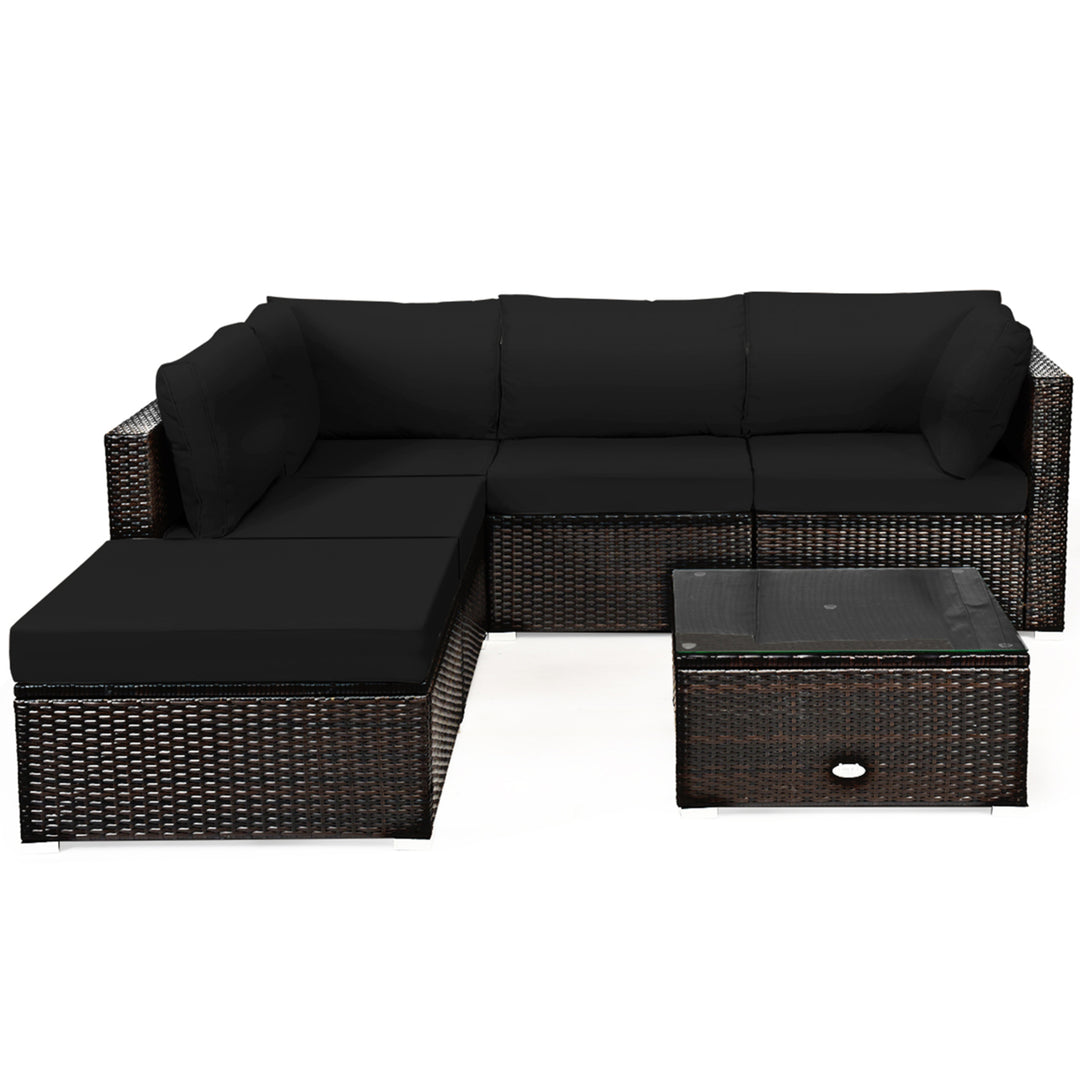 6PCS Rattan Patio Sectional Sofa Set Outdoor Furniture Set w/ Black Cushions Image 9