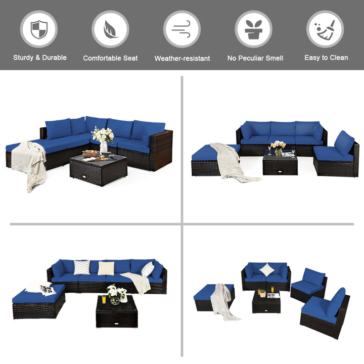 6PCS Rattan Patio Sectional Sofa Set Outdoor Furniture Set w/ Navy Cushions Image 4