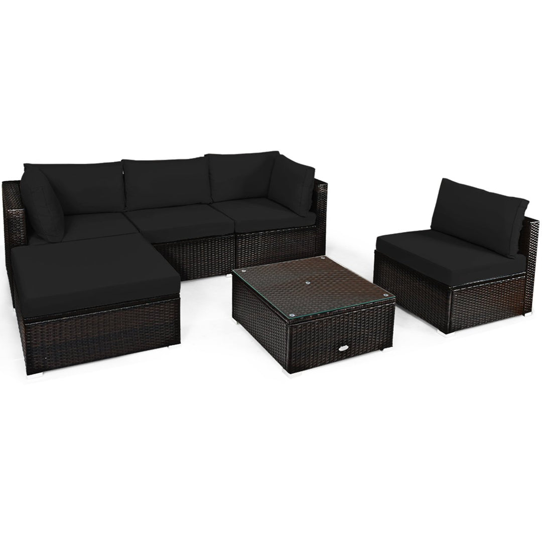 6PCS Rattan Patio Sectional Sofa Set Outdoor Furniture Set w/ Black Cushions Image 10