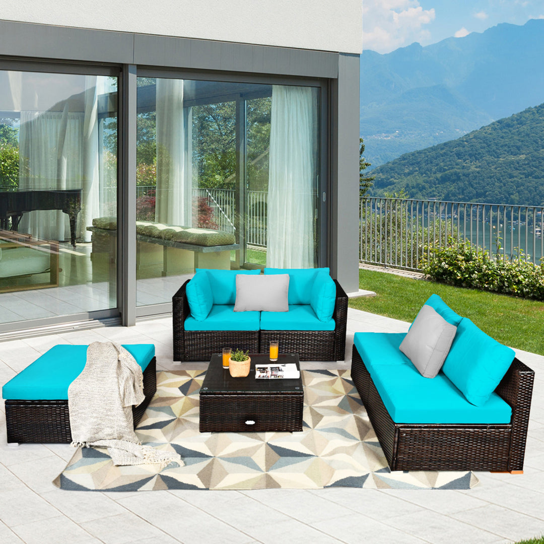 6PCS Rattan Patio Sectional Sofa Set Outdoor Furniture Set w/ Turquoise Cushions Image 1