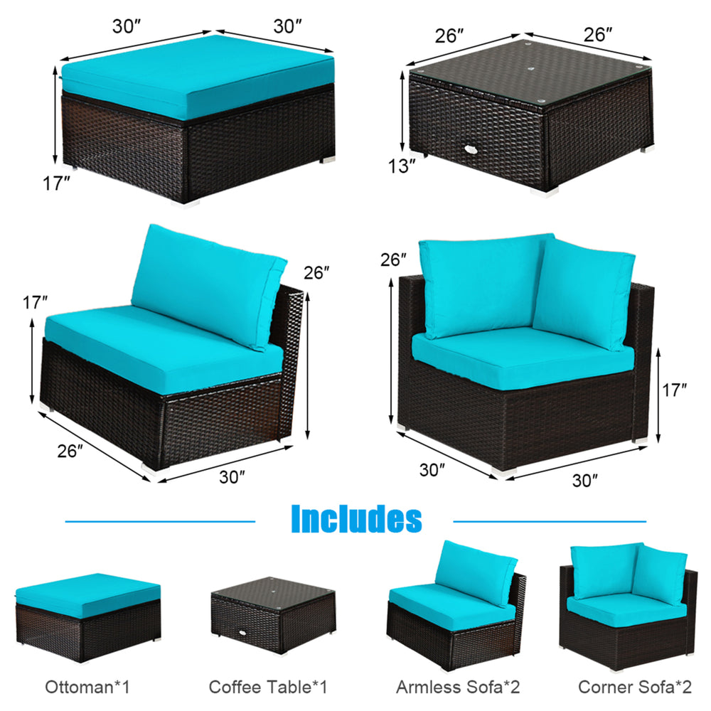 6PCS Rattan Patio Sectional Sofa Set Outdoor Furniture Set w/ Turquoise Cushions Image 2