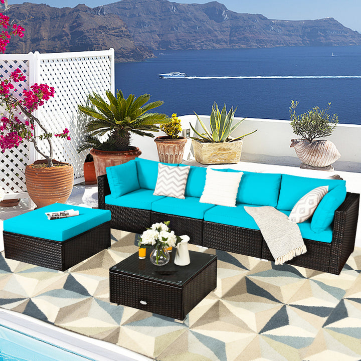 6PCS Rattan Patio Sectional Sofa Set Outdoor Furniture Set w/ Turquoise Cushions Image 3