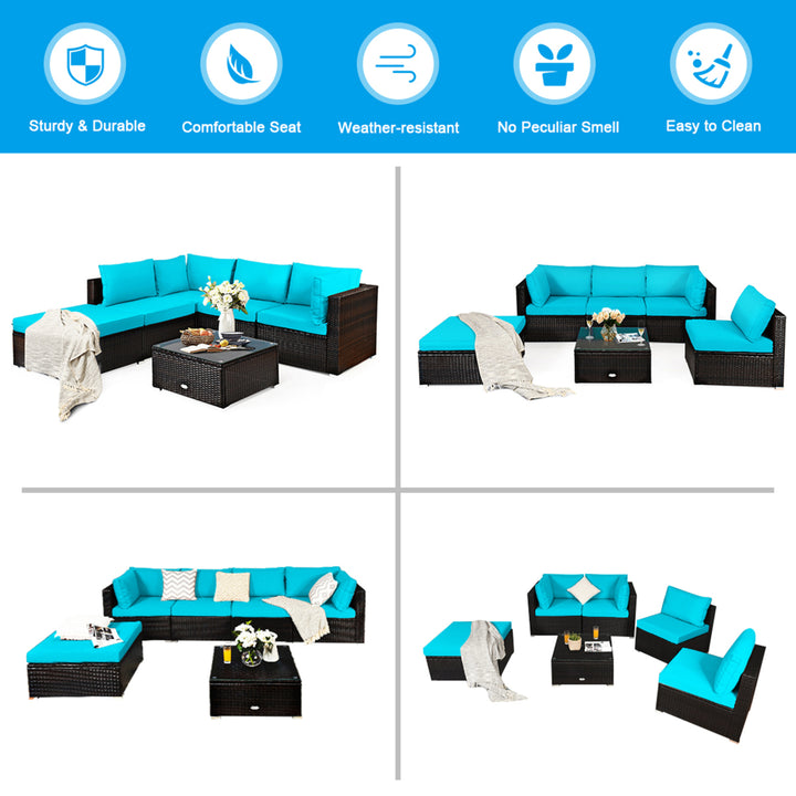 6PCS Rattan Patio Sectional Sofa Set Outdoor Furniture Set w/ Turquoise Cushions Image 4