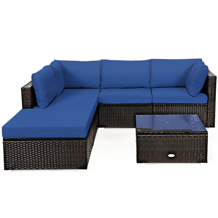 6PCS Rattan Patio Sectional Sofa Set Outdoor Furniture Set w/ Navy Cushions Image 2