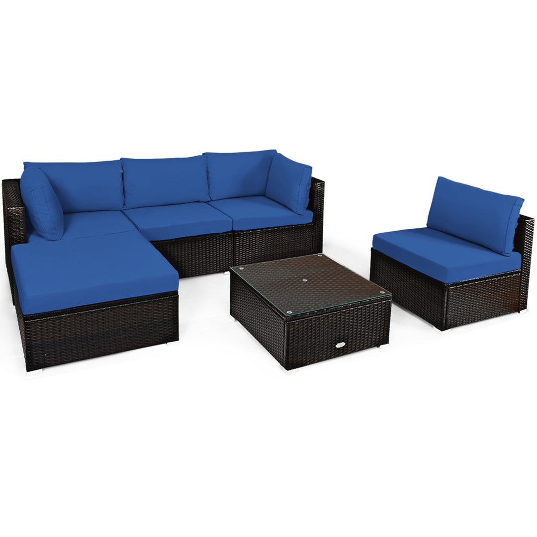 6PCS Rattan Patio Sectional Sofa Set Outdoor Furniture Set w/ Navy Cushions Image 10