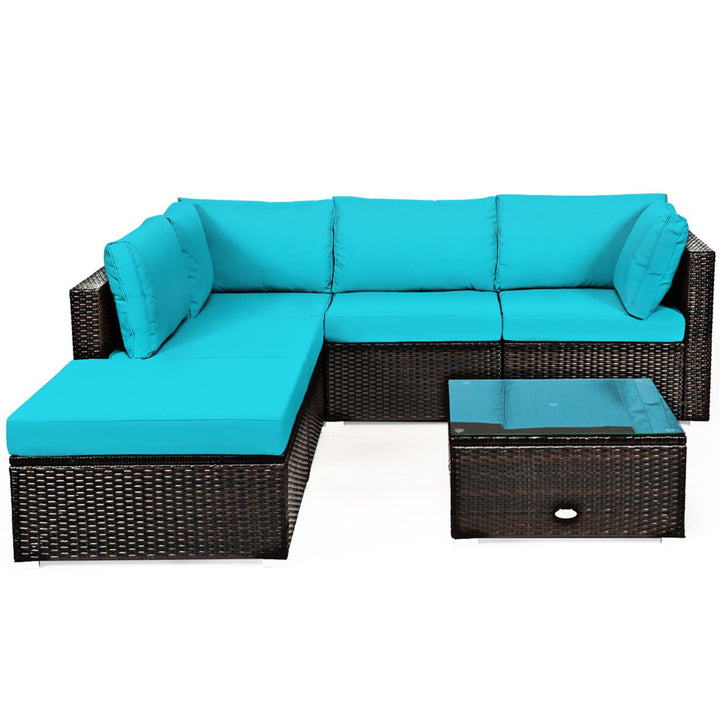 6PCS Rattan Patio Sectional Sofa Set Outdoor Furniture Set w/ Turquoise Cushions Image 9