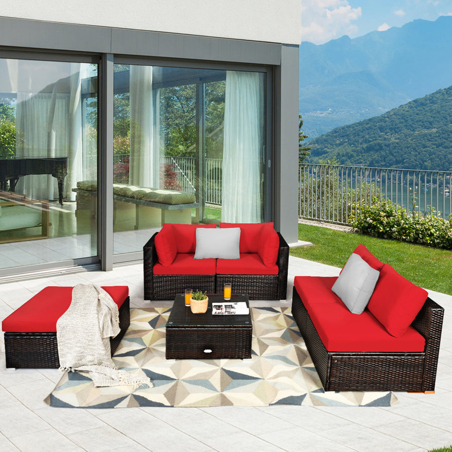 6PCS Rattan Patio Sectional Sofa Set Outdoor Furniture Set w/ Red Cushions Image 1