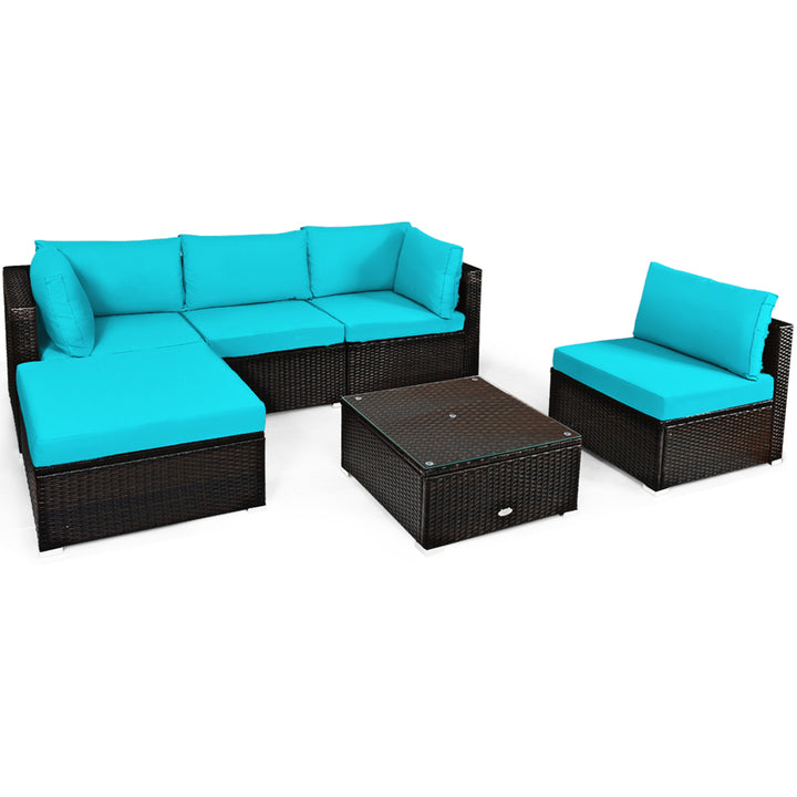 6PCS Rattan Patio Sectional Sofa Set Outdoor Furniture Set w/ Turquoise Cushions Image 10