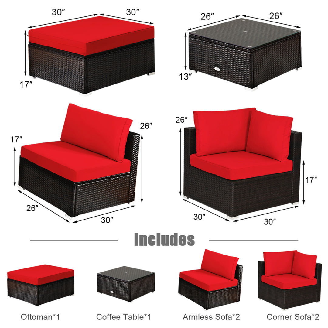 6PCS Rattan Patio Sectional Sofa Set Outdoor Furniture Set w/ Red Cushions Image 3