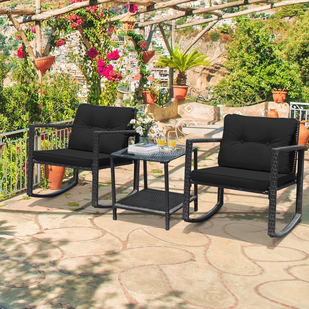 3PCS Rattan Rocking Chair Table Set Patio Furniture Set w/ Black Cushions Image 1