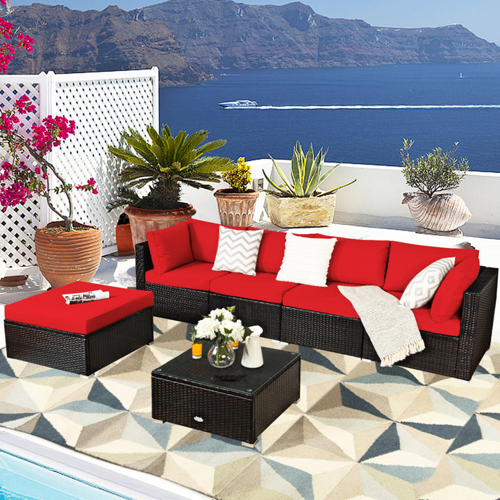 6PCS Rattan Patio Sectional Sofa Set Outdoor Furniture Set w/ Red Cushions Image 9