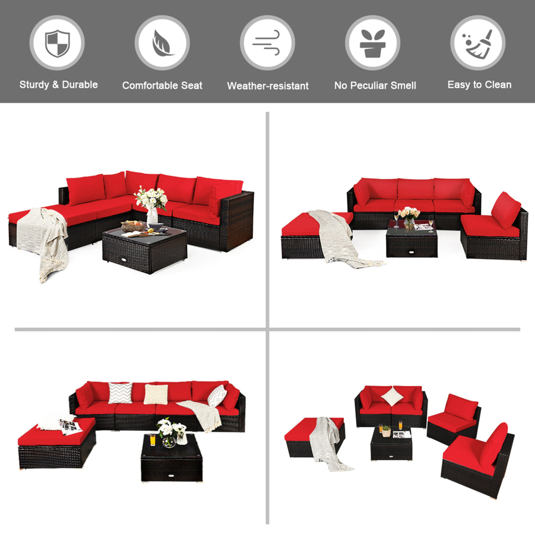 6PCS Rattan Patio Sectional Sofa Set Outdoor Furniture Set w/ Red Cushions Image 4