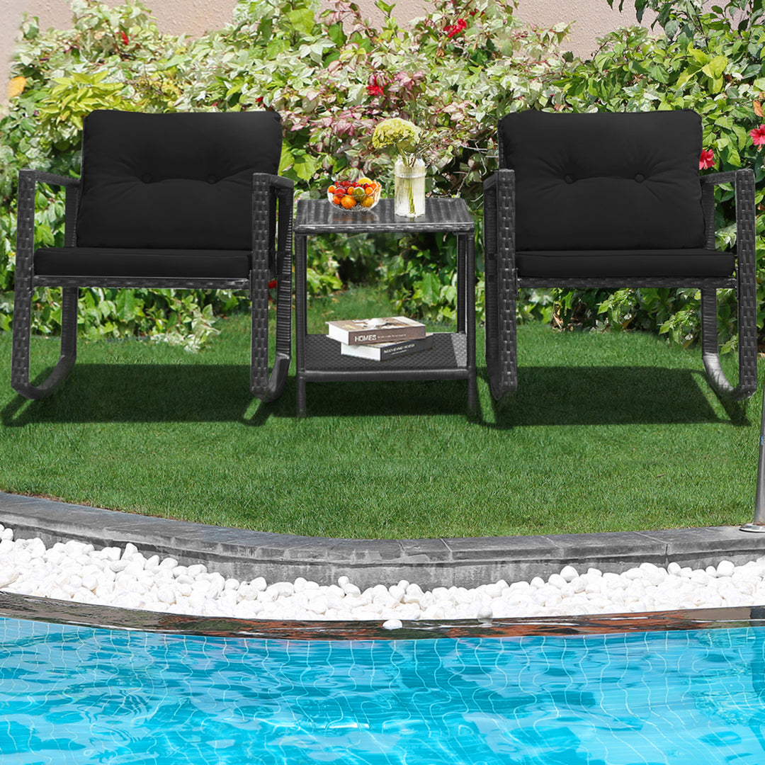 3PCS Rattan Rocking Chair Table Set Patio Furniture Set w/ Black Cushions Image 3