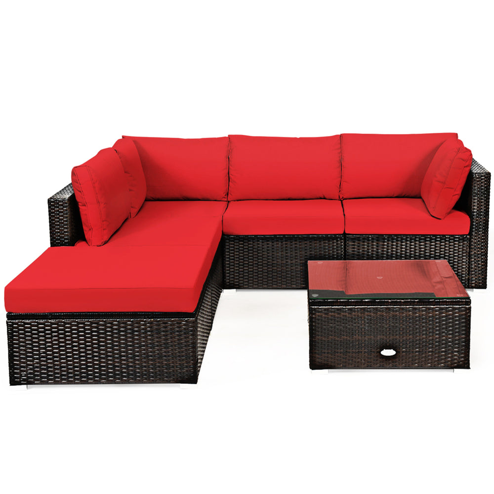 6PCS Rattan Patio Sectional Sofa Set Outdoor Furniture Set w/ Red Cushions Image 2