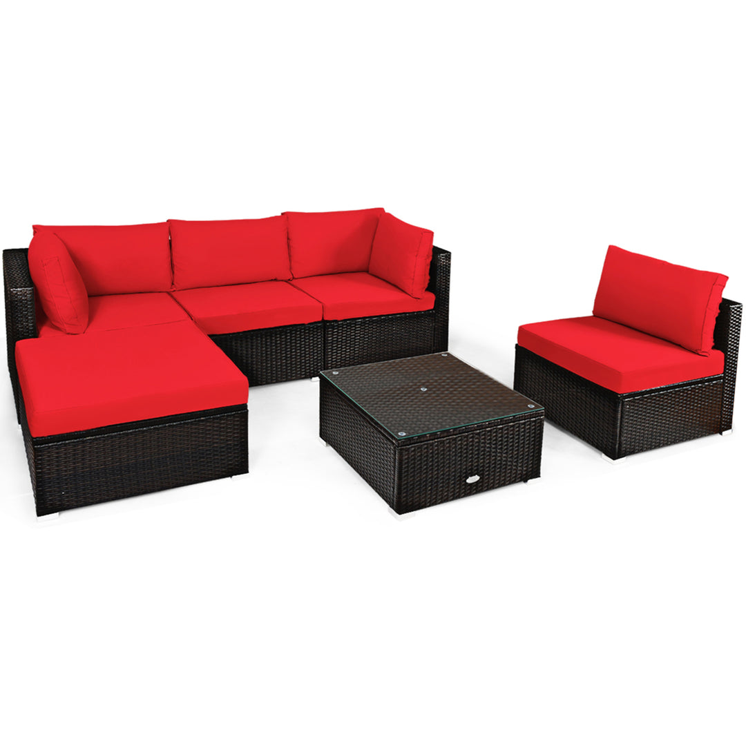 6PCS Rattan Patio Sectional Sofa Set Outdoor Furniture Set w/ Red Cushions Image 10