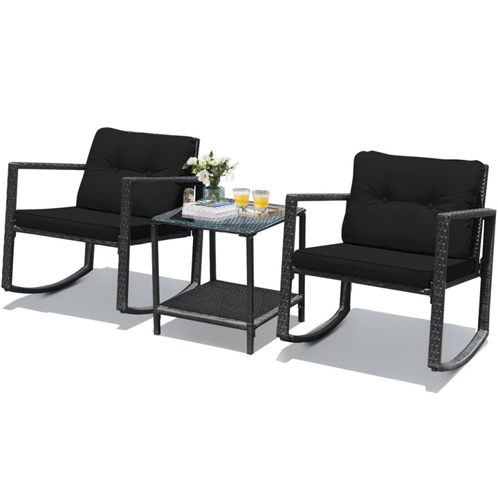 3PCS Rattan Rocking Chair Table Set Patio Furniture Set w/ Black Cushions Image 2