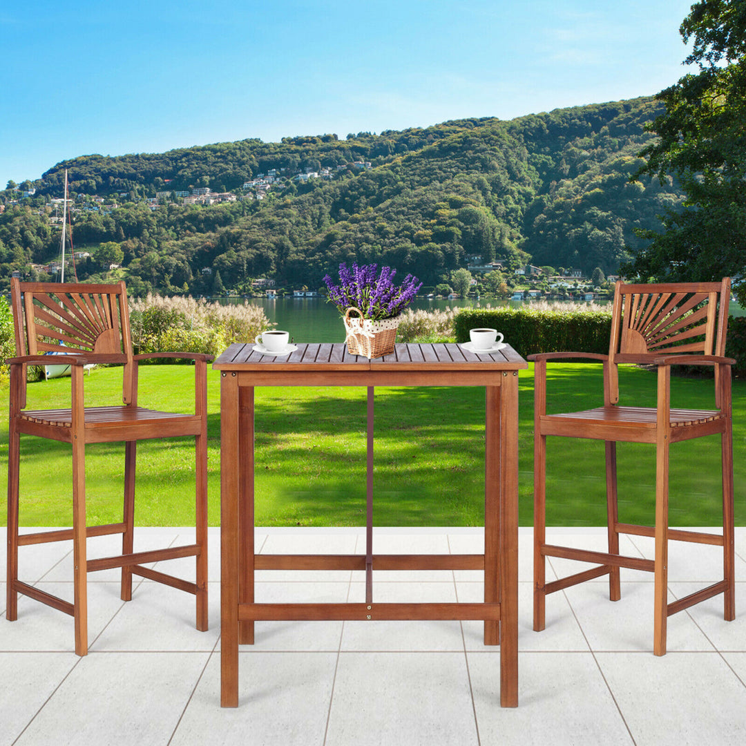 3PCS Patio Acacia Wood Bar Table and Stool Set Outdoor Dining Bistro Set Image 1