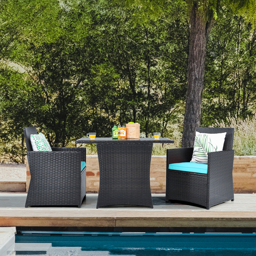 3PCS Patio Wicker Bistro Set PE Rattan Dining Table Set w/ Turquoise Cushions Image 1