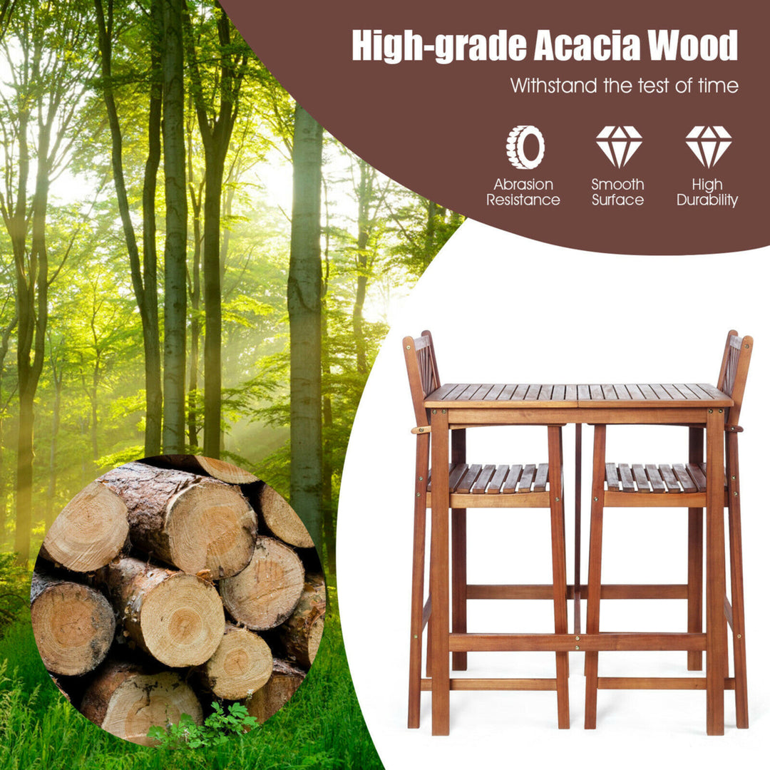 3PCS Patio Acacia Wood Bar Table and Stool Set Outdoor Dining Bistro Set Image 4