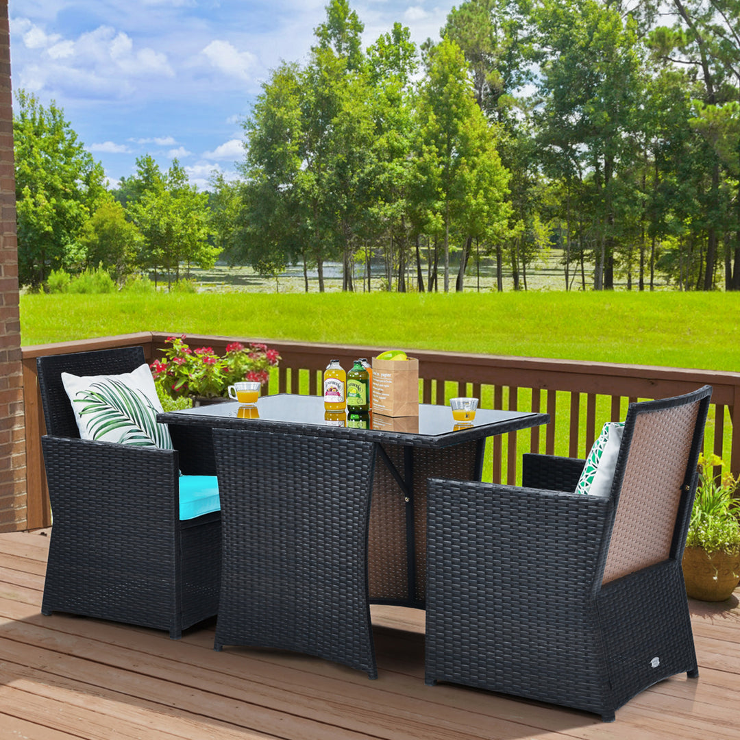 3PCS Patio Wicker Bistro Set PE Rattan Dining Table Set w/ Turquoise Cushions Image 10