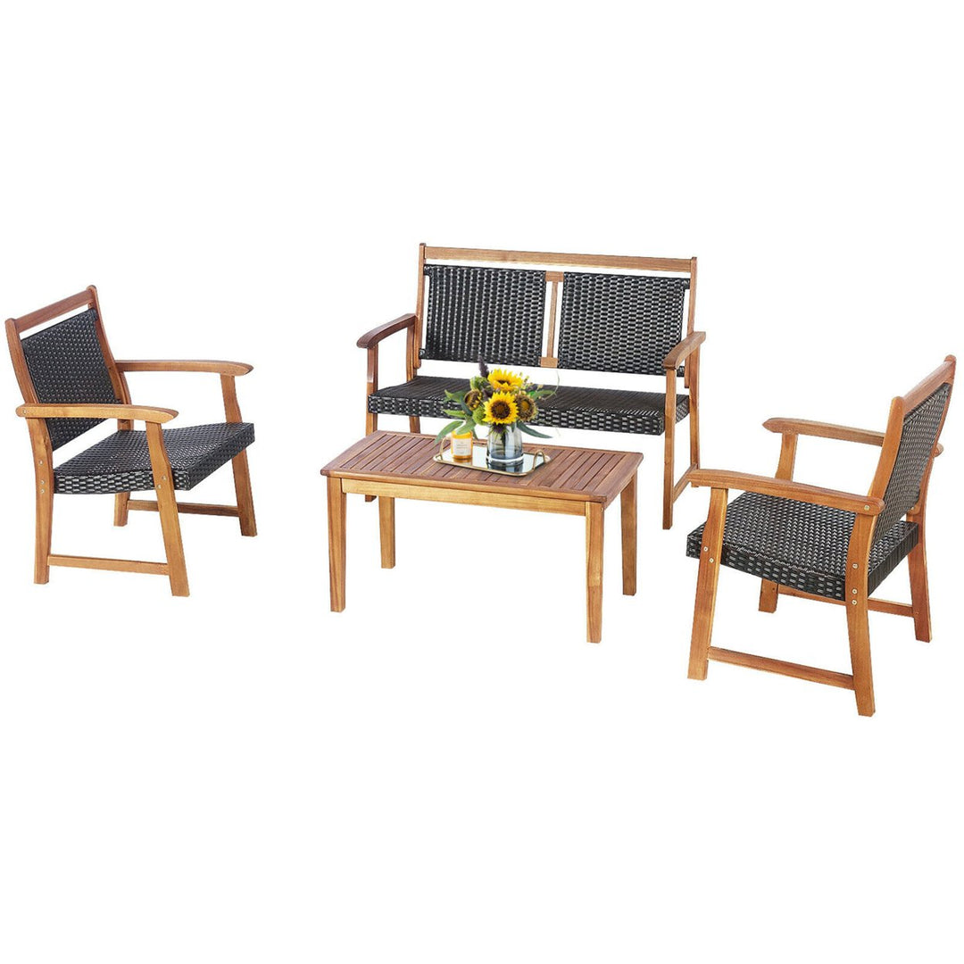 4PCS Patio Acacia Wood Conversation Set Outdoor Rattan Furniture Set Image 1