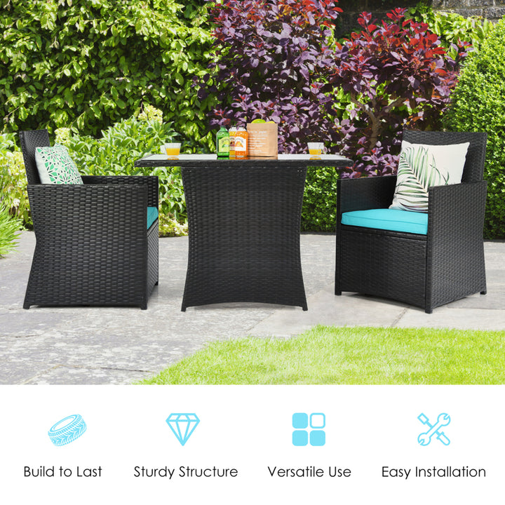 3PCS Patio Wicker Bistro Set PE Rattan Dining Table Set w/ Turquoise Cushions Image 4