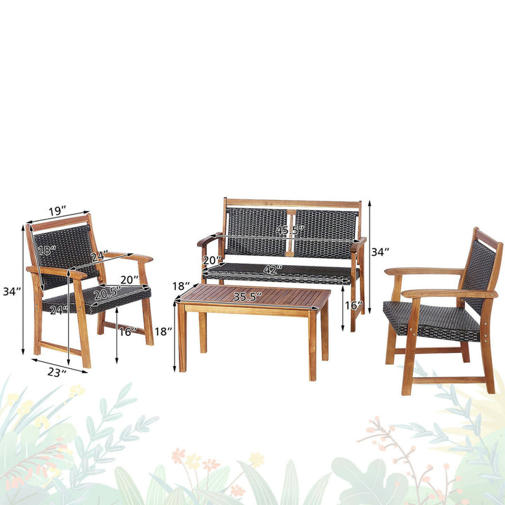 4PCS Patio Acacia Wood Conversation Set Outdoor Rattan Furniture Set Image 2