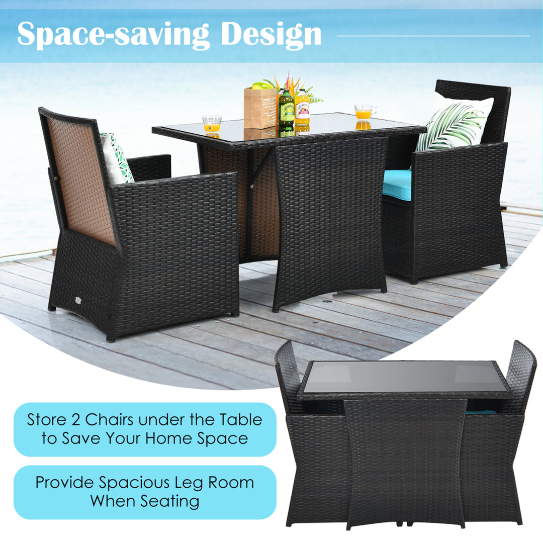 3PCS Patio Wicker Bistro Set PE Rattan Dining Table Set w/ Turquoise Cushions Image 5