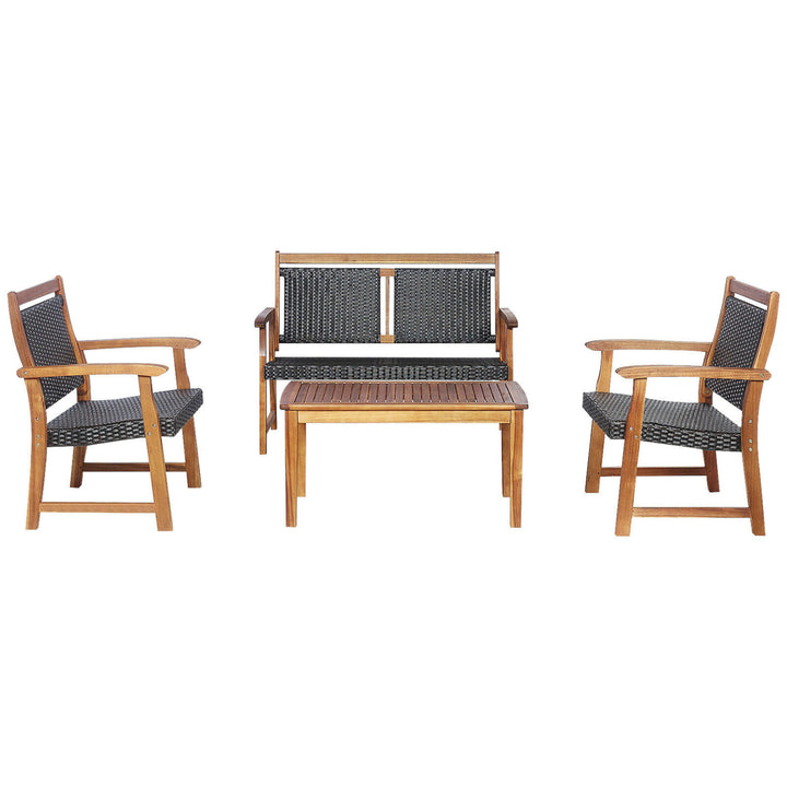 4PCS Patio Acacia Wood Conversation Set Outdoor Rattan Furniture Set Image 3