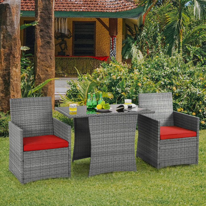 3PCS Outdoor Rattan Conversation Set Patio Dining Table Set w/ Red Cushions Image 10