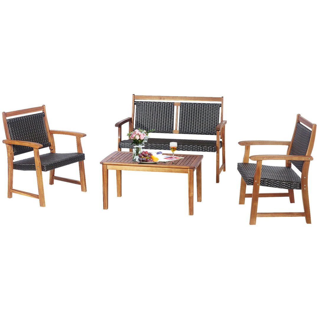 4PCS Patio Acacia Wood Conversation Set Outdoor Rattan Furniture Set Image 4