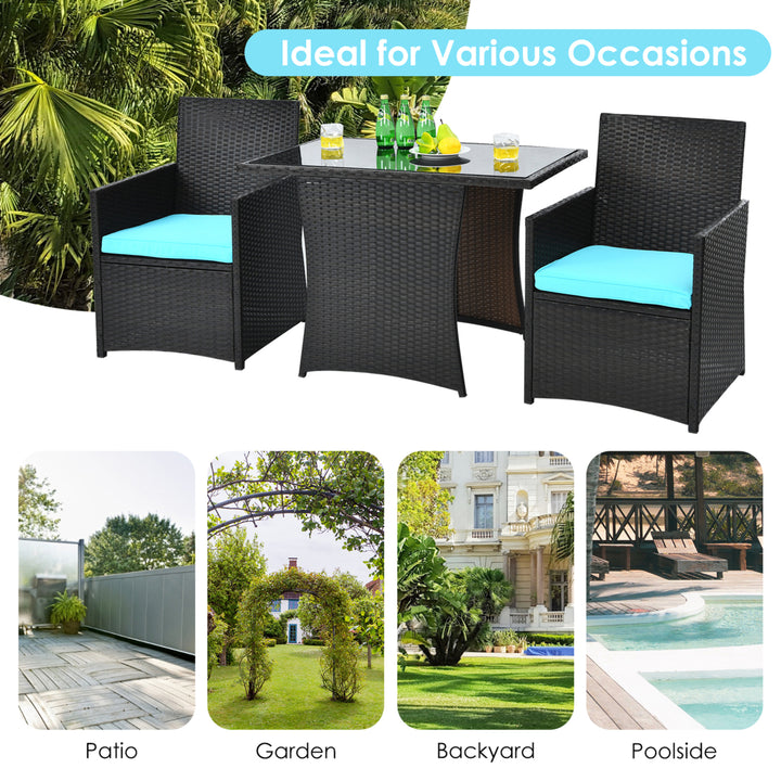 3PCS Patio Wicker Bistro Set PE Rattan Dining Table Set w/ Turquoise Cushions Image 6