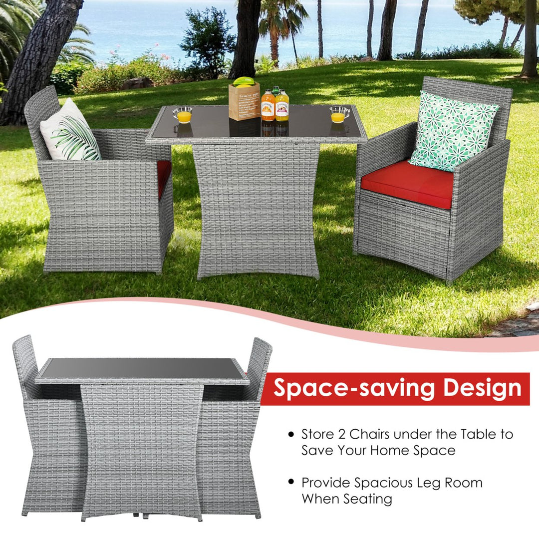 3PCS Outdoor Rattan Conversation Set Patio Dining Table Set w/ Red Cushions Image 5