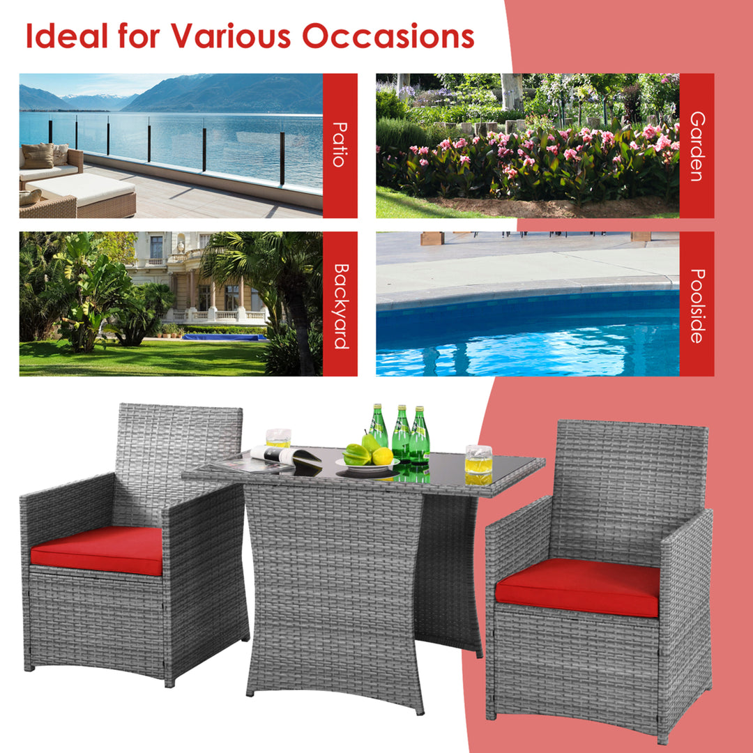 3PCS Outdoor Rattan Conversation Set Patio Dining Table Set w/ Red Cushions Image 6