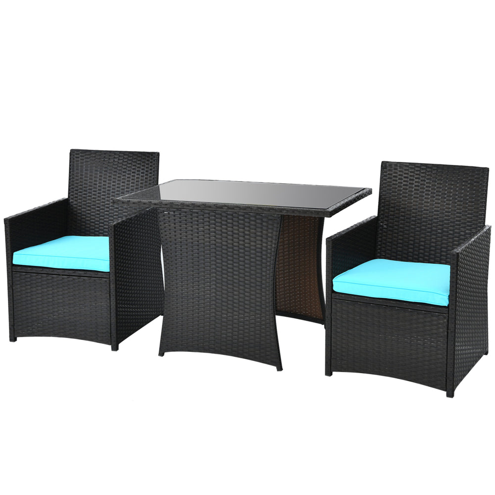 3PCS Patio Wicker Bistro Set PE Rattan Dining Table Set w/ Turquoise Cushions Image 2