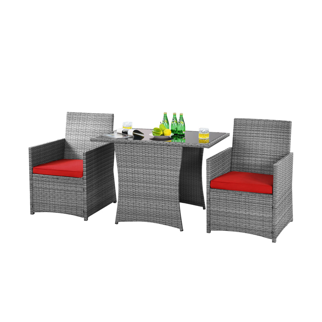 3PCS Outdoor Rattan Conversation Set Patio Dining Table Set w/ Red Cushions Image 2