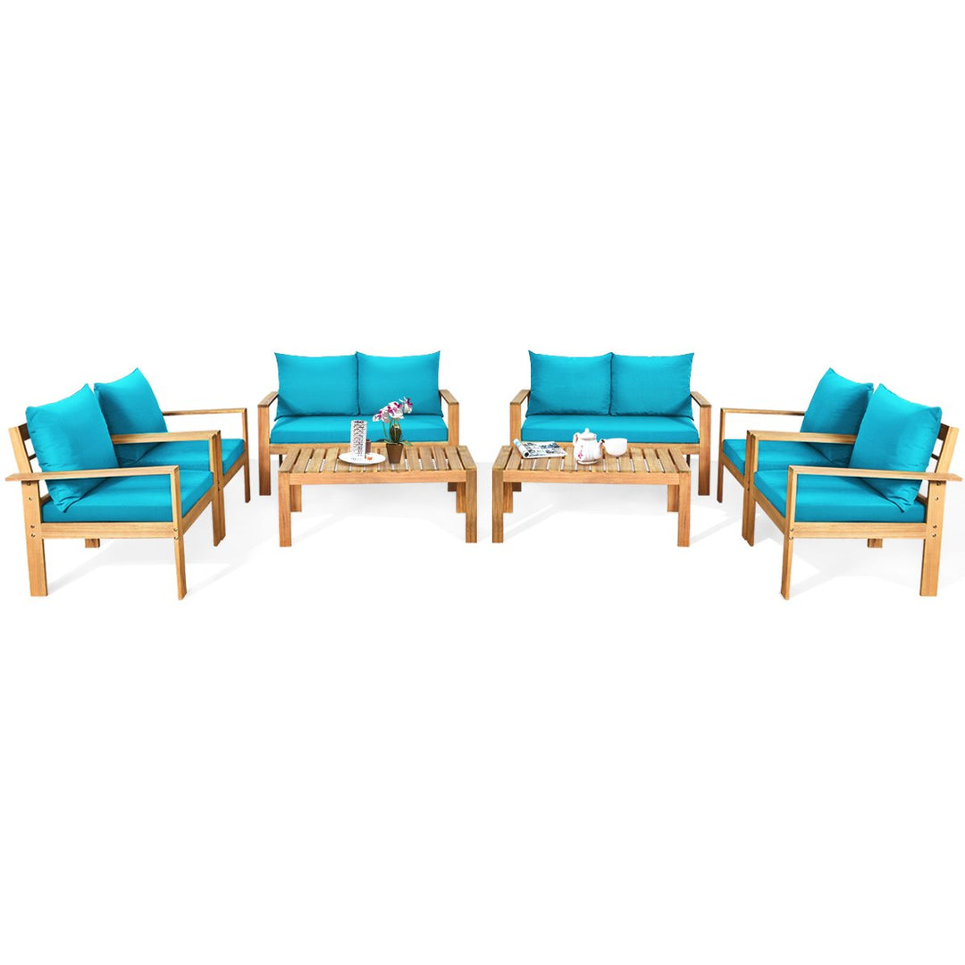 8PCS Patio Acacia Wood Conversation Furniture Set w/ Turquoise Cushions Image 1